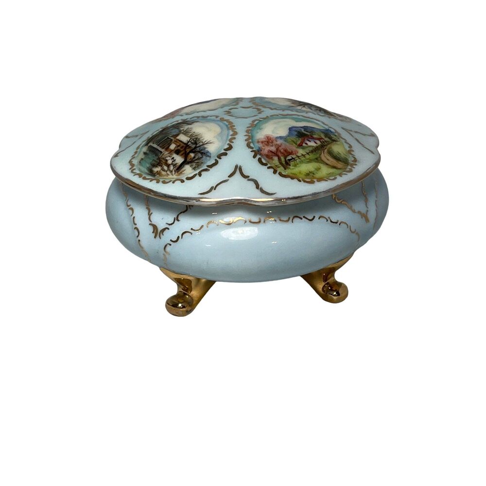 Hand Painted Trinket Box Footed Gold Embellishments Light Blue Farm Scenes vtg - Picture 2 of 10